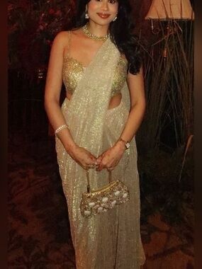Seema Gujral Gold Crinkled Lurex Pre-Stitched Saree Set